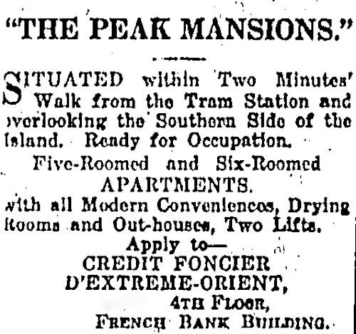 Peak Mansions advertisment 1928
