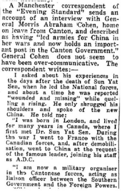 1932 - Gen. M.A. Cohen interviewed in Manchester after leaving Hong Kong’s Peninsula Hotel for a 3 month-long trip to the U.S.A., the U.K., and Europe..jpg