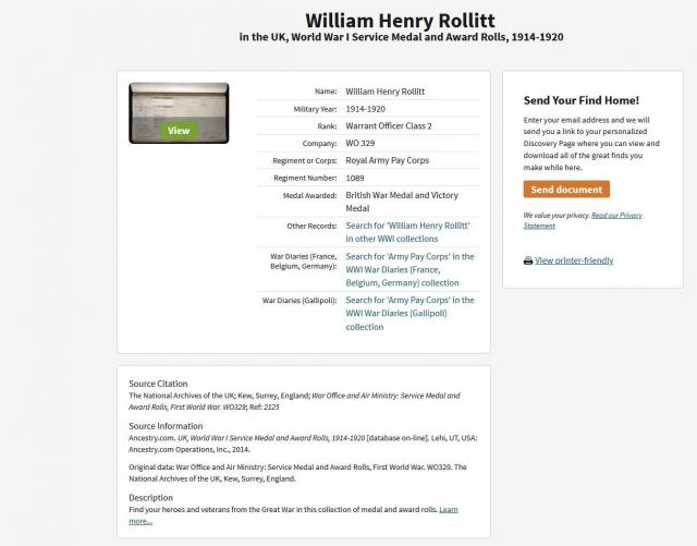 William Henry Rollitt military service 1914 -1920