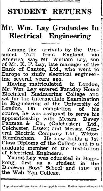 William Lay son of K.F. Lay - SCMP - 23 Nov 1937