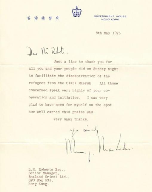 Thank You Note from Hong Kong Governor Sir Murray MacLehose 8 May 1975