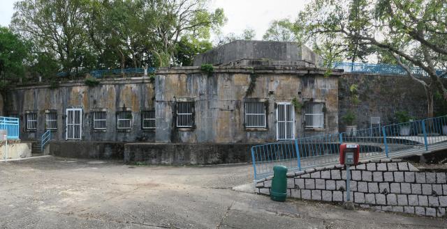 Front view of buildings below battery