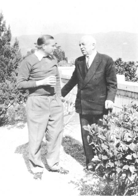 1962 - Maj.Gen. M.A. "Two Gun" Cohen (r.) with his friend, China trader and decorated veteran of the 1944 Normandy landings, Paul D. Alderton D.S.C., at the latter's home, Stanley, H.K., Feb. 1962.jpg