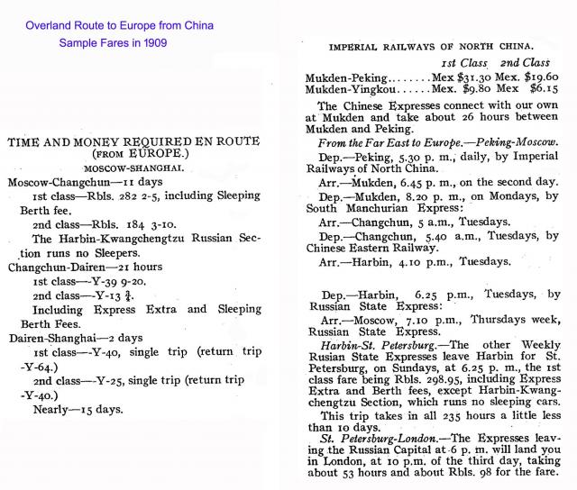 Rail Fares & Travel Times China - Europe in 1909