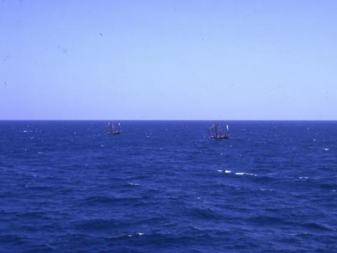 1966 Fishing junks under sail, out in the South China Sea.