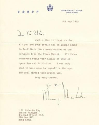 Thank You Note from Hong Kong Governor Sir Murray MacLehose 8 May 1975