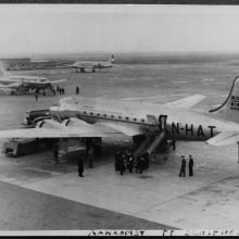 Phil Beekmeijer on 'big leave' after ten years abroad; arriving at Schiphol in 1950, with DC-4 by Braathens SAFE (N-HAT)
