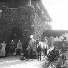 Philip Harding Klimanek visiting a friend with a race horse, Shanghai, ca. 1910