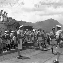 Landing party disembarking from HMCS Prince Robert during the liberation of Hong Kong 