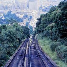 1966 riding tram line down from Victoria Peak