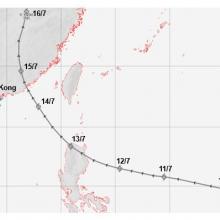 Track of the tropical cyclone from 9 to 16 July 1925 that affected the landslide at Po Hing Fong.