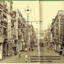 A stitched photo showing the junction between Des Voeux Road Central and Cleverly Street (circa 1950).jpg