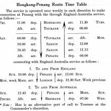 Hongkong-Penang Route Time Table  with London Connections - 1936
