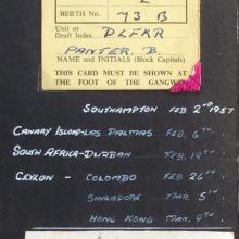 Berthing card—Ports of call—Nevasa photo. 1957