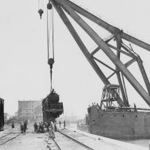 Lowering a locomotive on the tracks at KCR Terminus March 1947