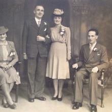 Bert McVey, HKP & Stanley POW (seated right) was 'best man' at the marriage of Robert Cunningham to Donella Goodall, Feb 1946