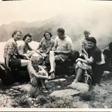 'Supper at Sunset Peak', 24 August 1948. Ann Crozier is far right of photo. Others include possibly Elaine Davis (far left), Steve Davis, the geographer after whom the hostel was named (centre). Copyright Crozier family. 
