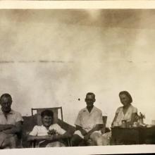 'Supper at Sunset Peak', 24 August 1948. L-R: Douglas Crozier, Ann Crozier. Others are possibly Steve Davis, the geographer after whom the hostel was named, and Elaine Davis. Copyright Crozier family. 