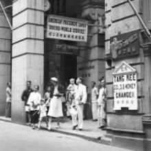 Hong Kong, American evacuees outside the Pedder Building during World War II